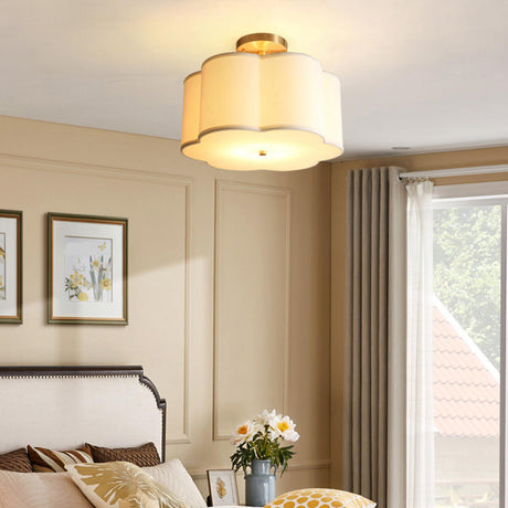 Bedroom Fabric Flower Drum Semi-Flush Mount Light Image - 1