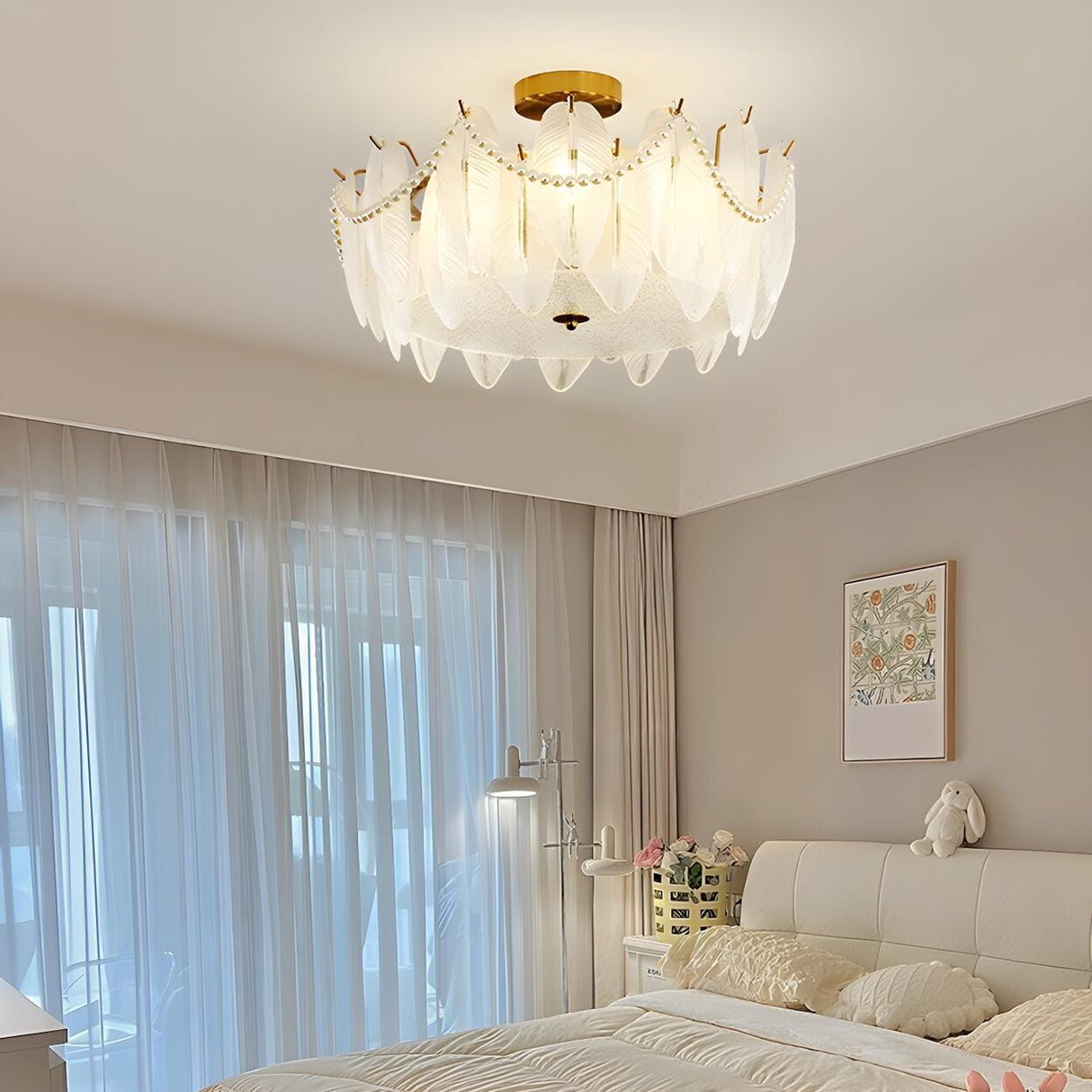 Bedroom Feather Glass Gold Semi-Flush Mount Fixture Image - 1