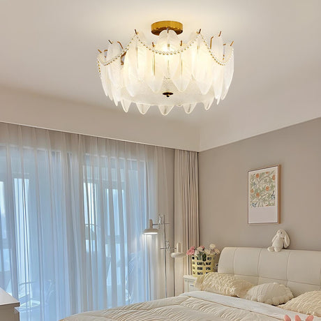 Bedroom Feather Glass Gold Semi-Flush Mount Fixture Image - 1