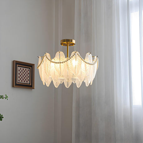 Bedroom Feather Glass Gold Semi-Flush Mount Fixture Image - 2