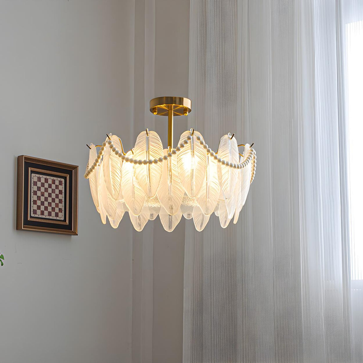 Bedroom Feather Glass Gold Semi-Flush Mount Fixture Image - 3