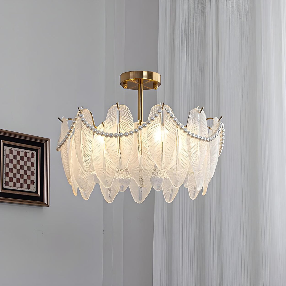 Bedroom Feather Glass Gold Semi-Flush Mount Fixture Image - 6