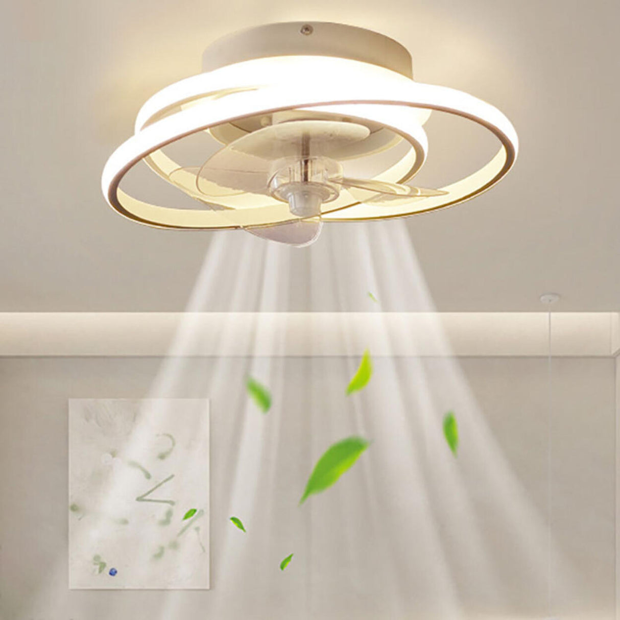 Bedroom Flush Mount White Ring LED Ceiling Fan Light Image - 1