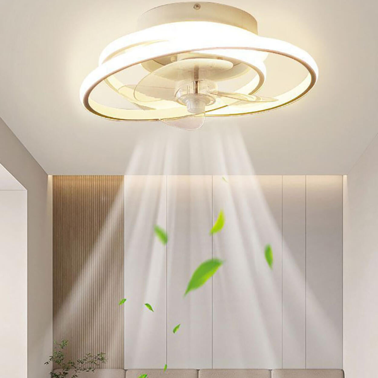 Bedroom Flush Mount White Ring LED Ceiling Fan Light Image - 2