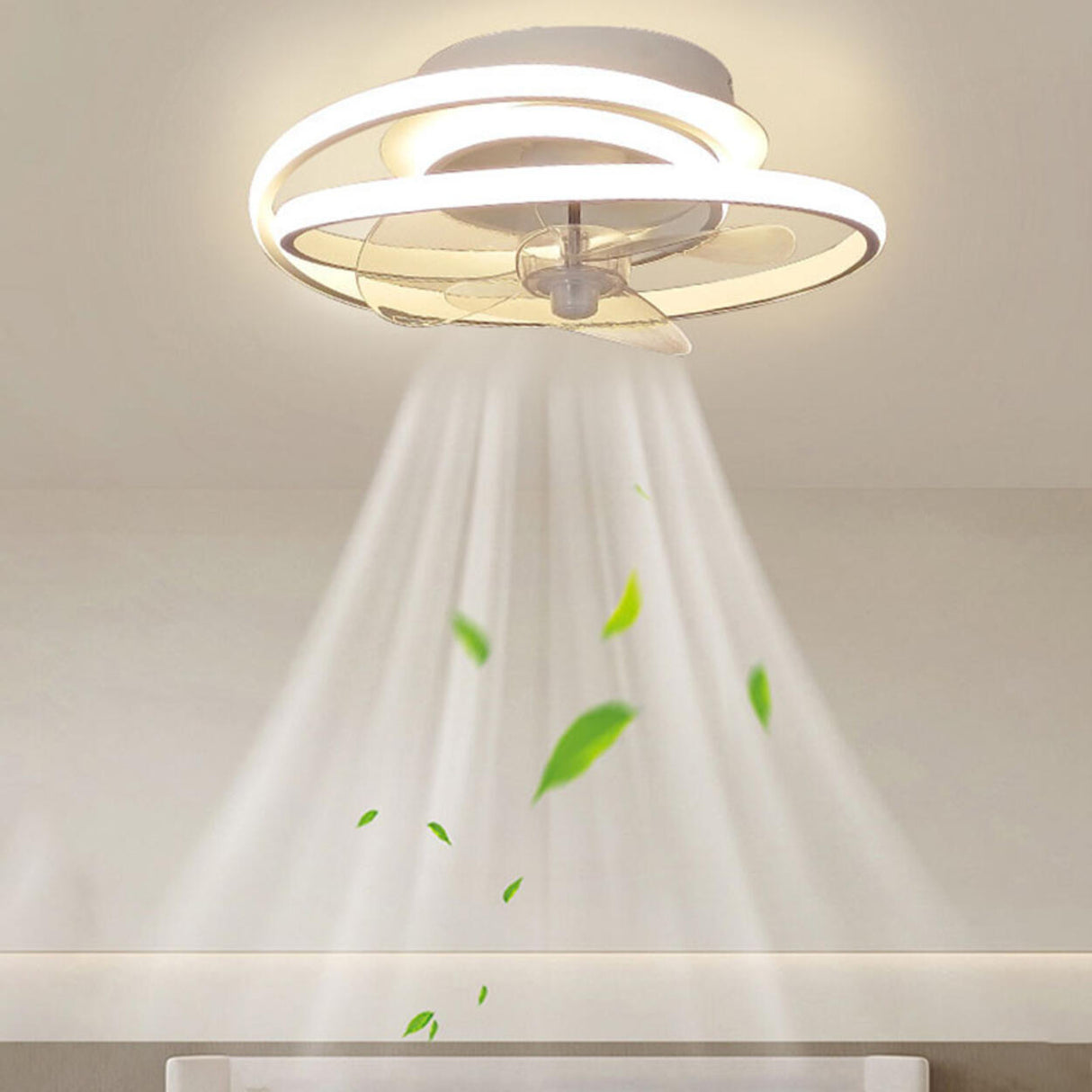 Bedroom Flush Mount White Ring LED Ceiling Fan Light Image - 4