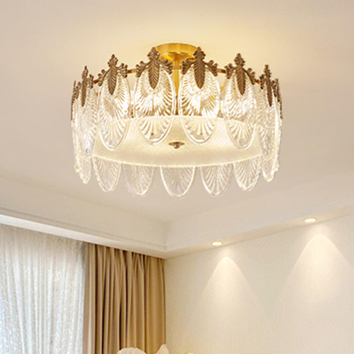 Bedroom Glass Leaf Gold Semi-Flush Mount Ceiling Light Image - 3