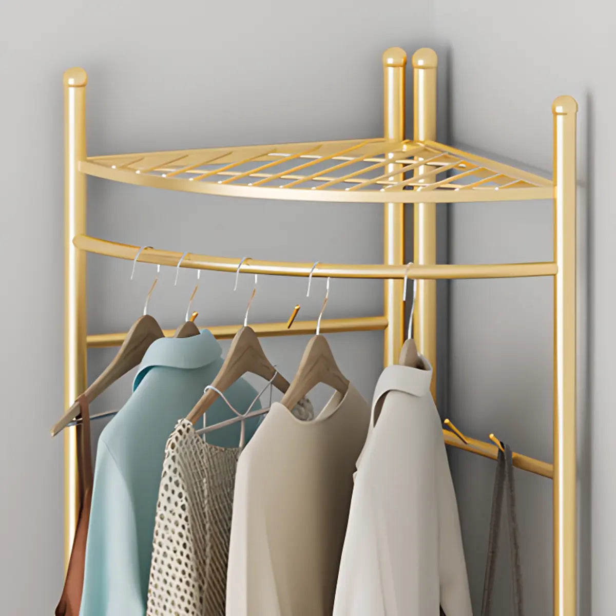 Bedroom Gold Alloy Compact Hooks Coat Rack with Shelves Image - 6