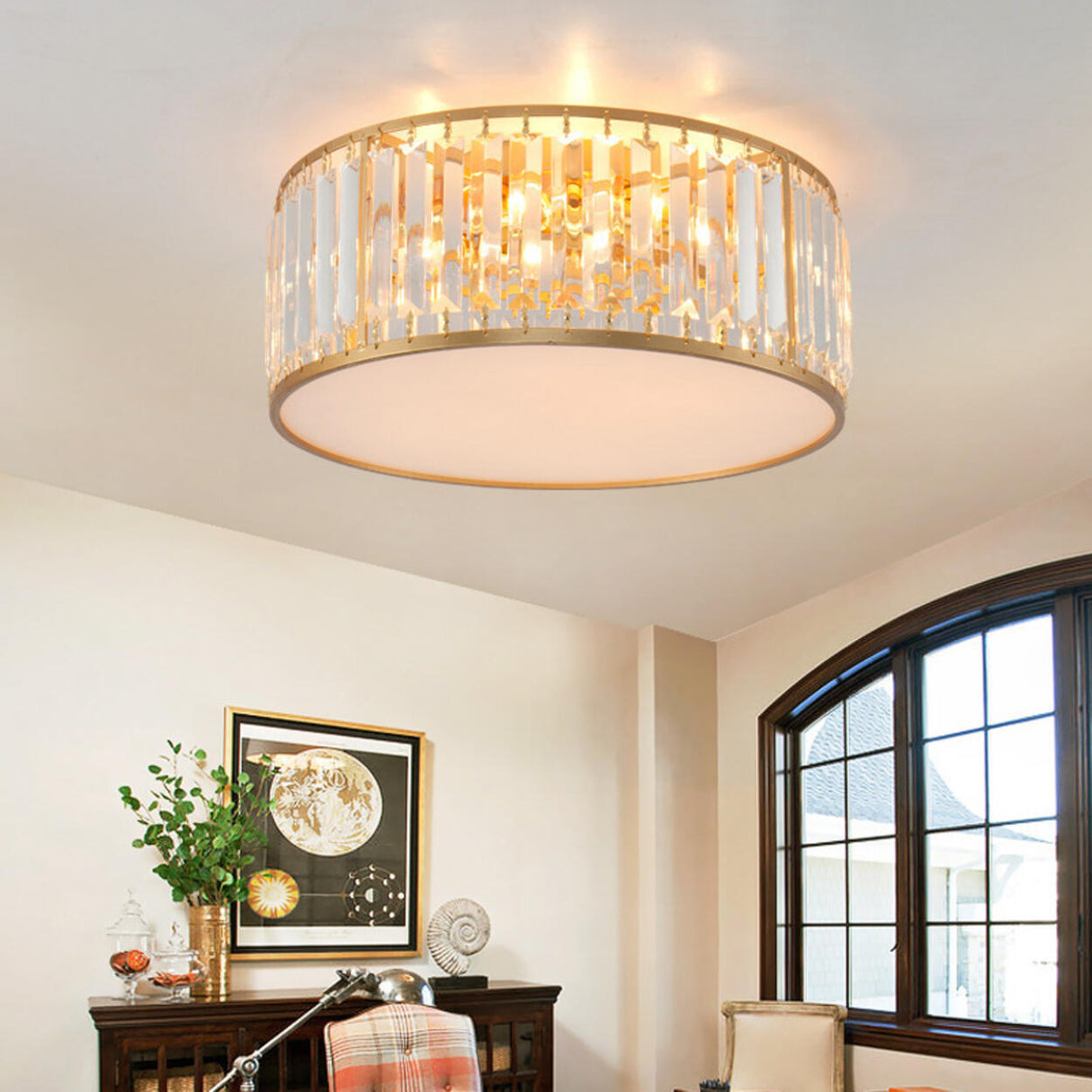 Bedroom Gold Crystal Cylinder Flush Mount Ceiling Light Image - 4