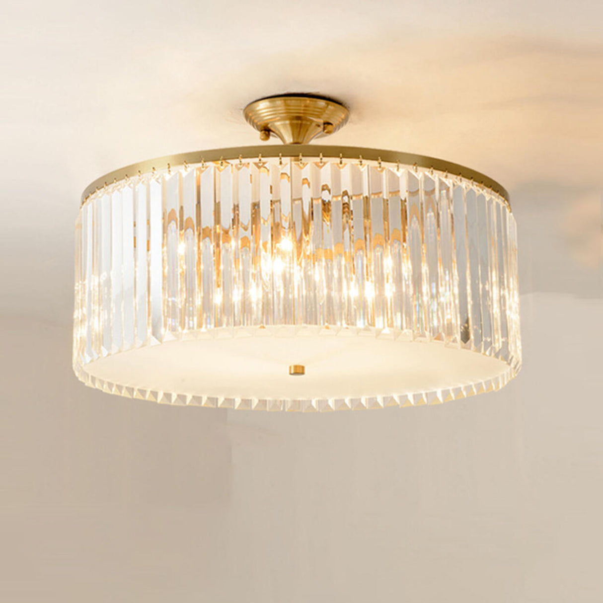 Bedroom Gold Crystal Drum Semi-Flush Mount Ceiling Lamp Image - 6