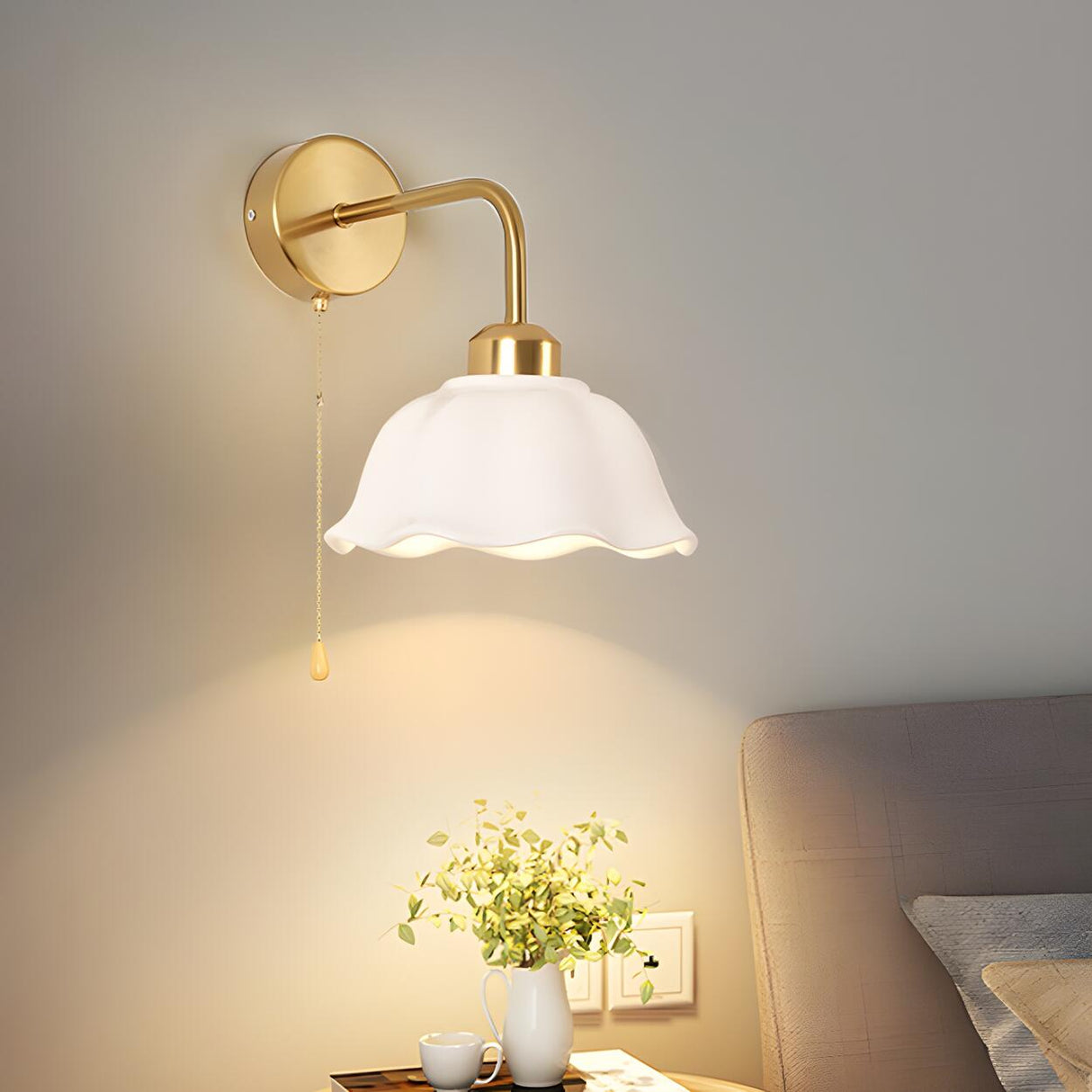 Bedroom Gold Dome Metal Wall Sconce with Pull Chain Image - 1