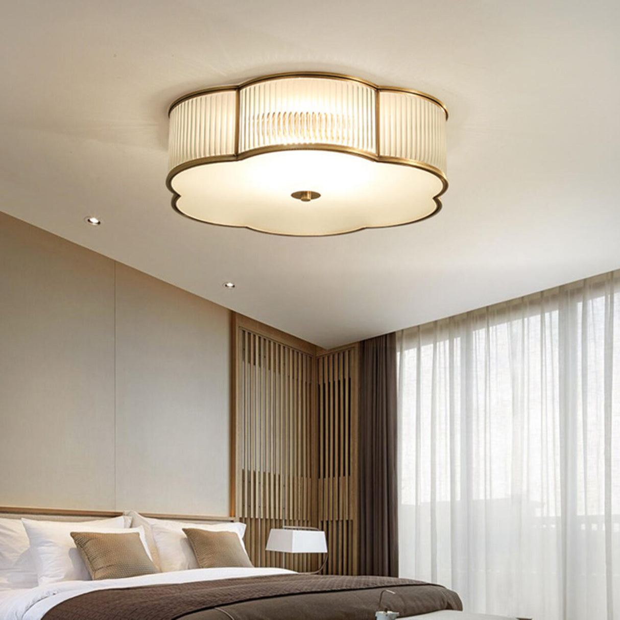 Bedroom Gold Flower Drum Flush Mount Ceiling Light Image - 1