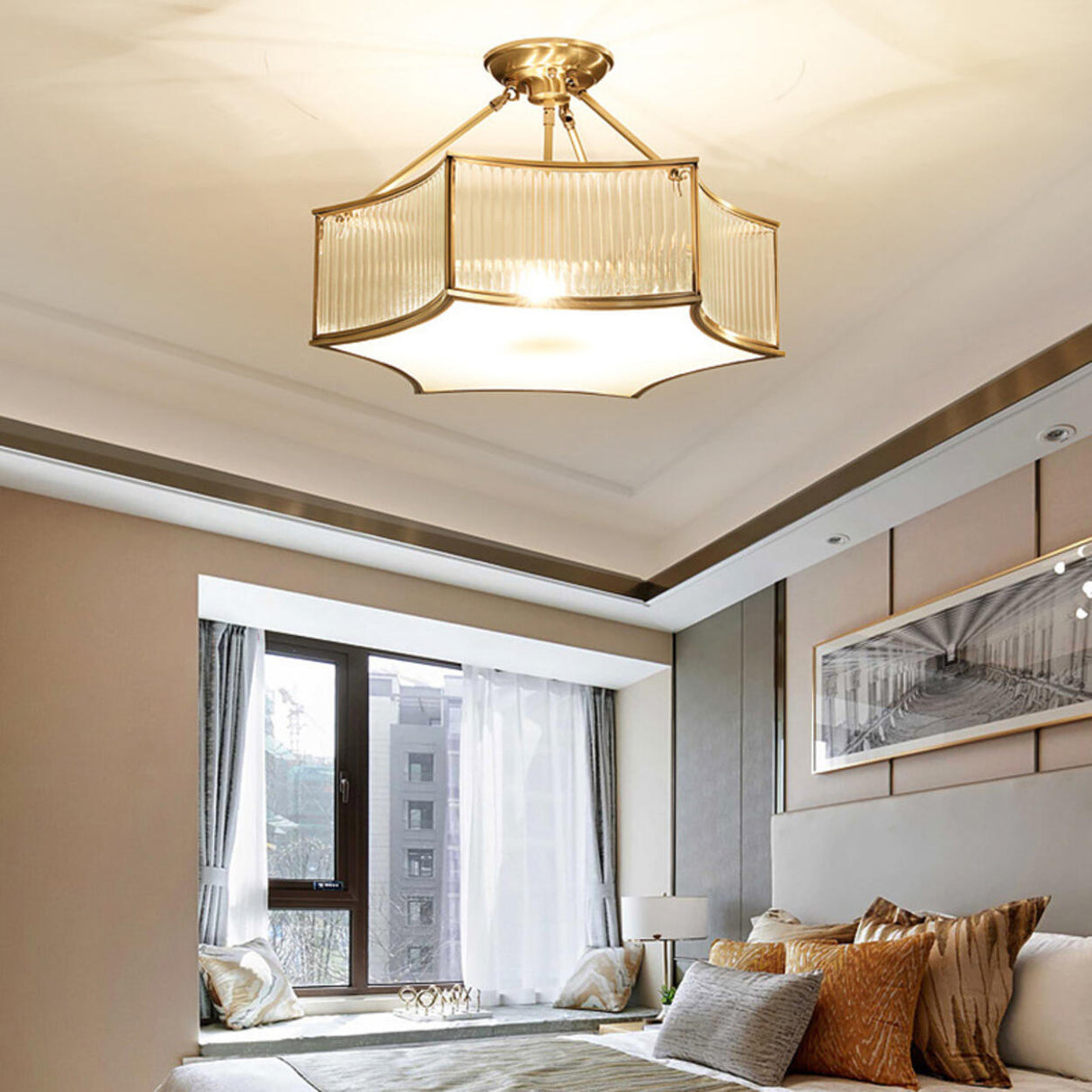 Bedroom Gold Flower Drum Flush Mount Ceiling Light Image - 22