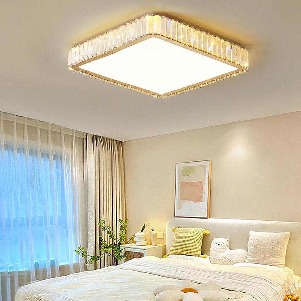 Bedroom Gold Square Crystal Flush Mount Ceiling Light Image - 1