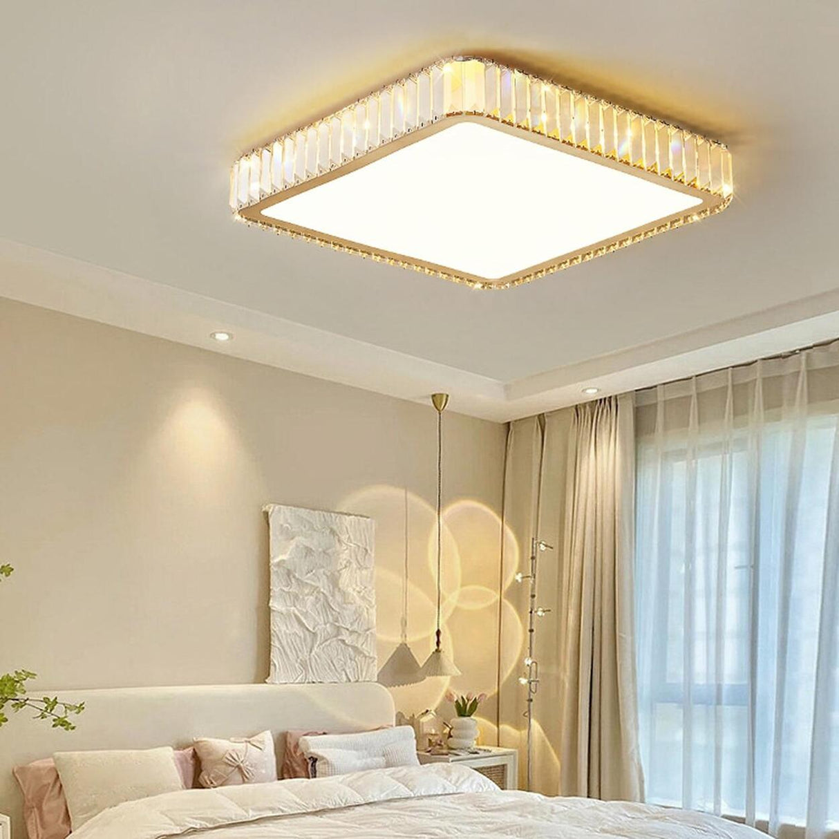 Bedroom Gold Square Crystal Flush Mount Ceiling Light Image - 8