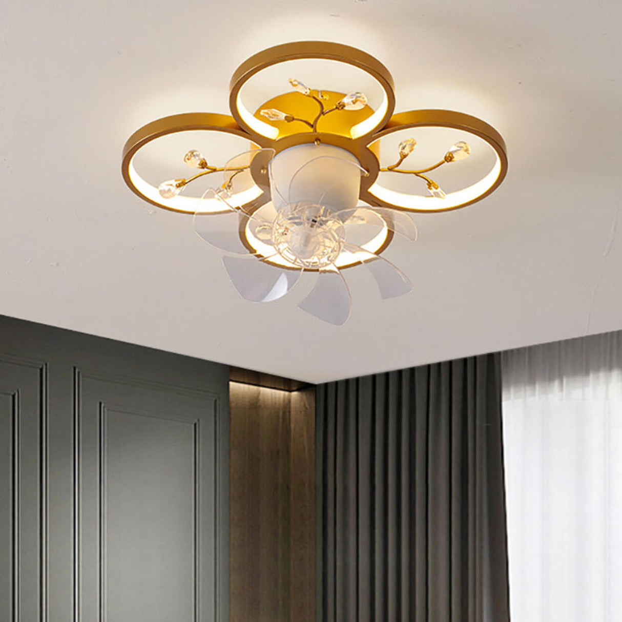 Bedroom Golden Flower Branches Decor Ceiling Fan Light Image - 1