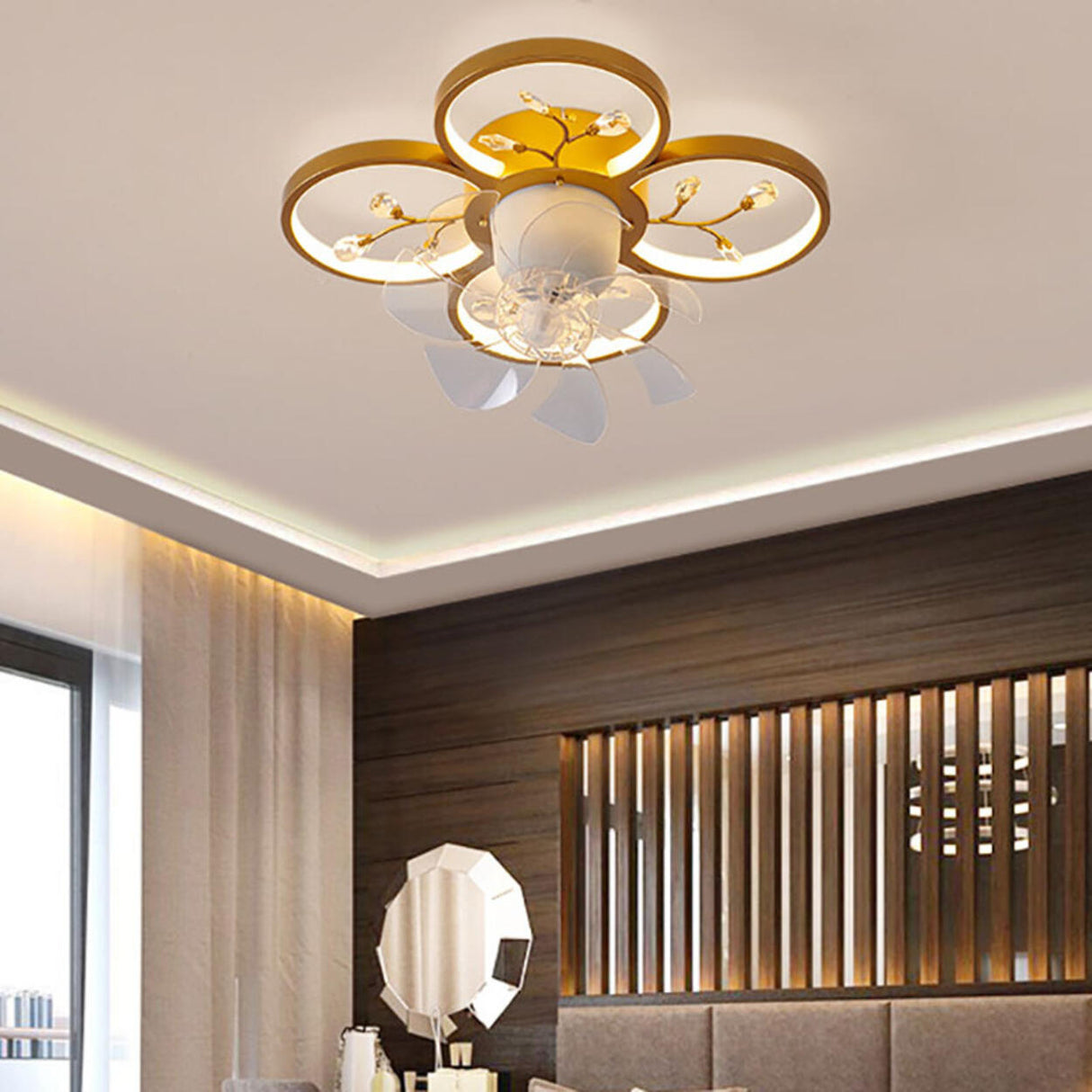 Bedroom Golden Flower Branches Decor Ceiling Fan Light Image - 4