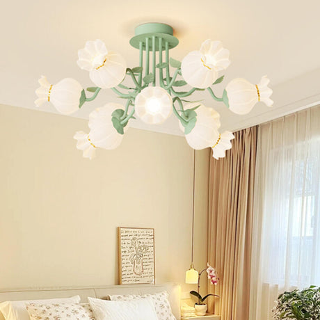 Bedroom Green Flower Semi-Flush Mount Light 9-Light Image - 1