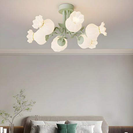 Bedroom Green Flower Semi-Flush Mount Light 9-Light Image - 2