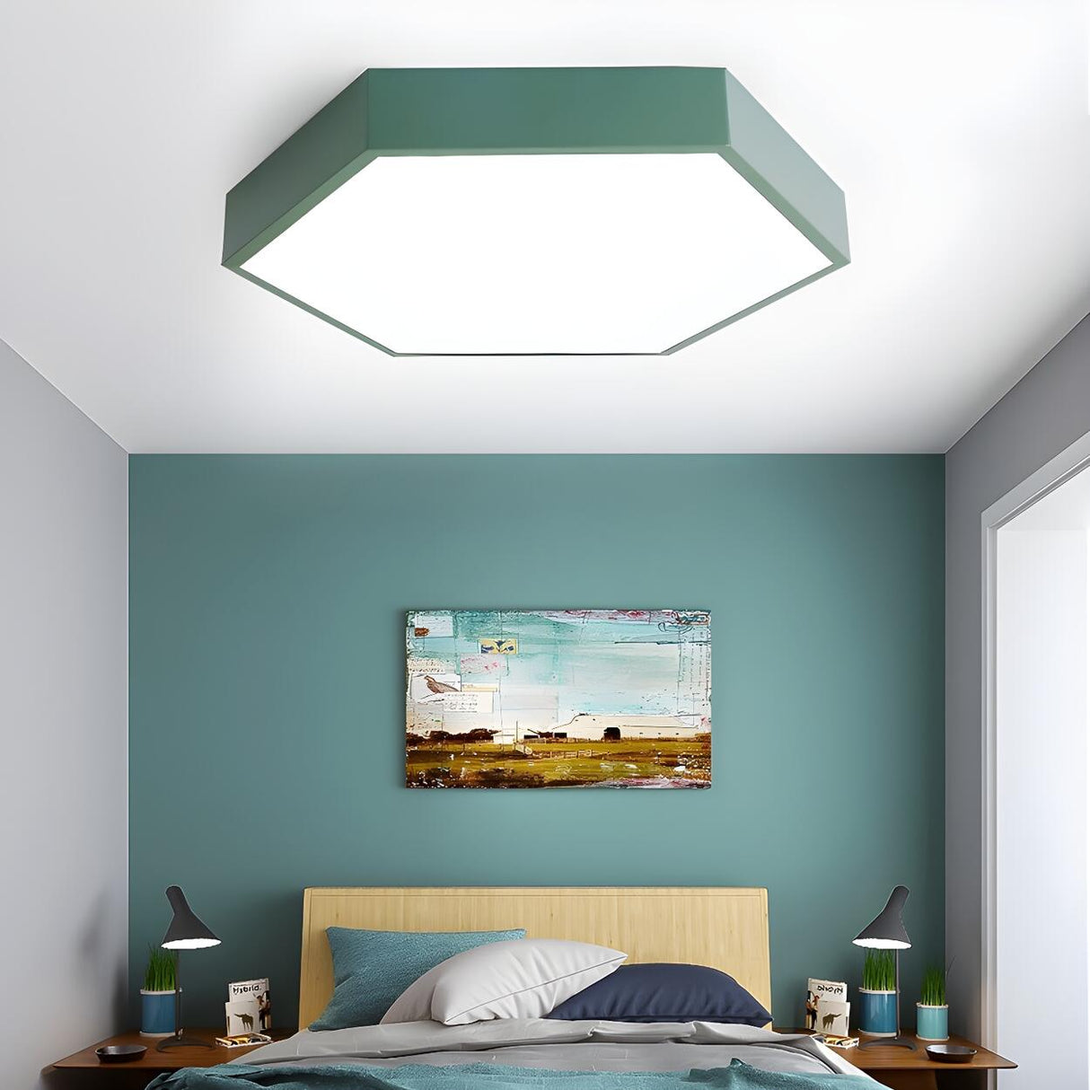 Bedroom Green Hexagon LED Flush Mount Ceiling Light Image - 1