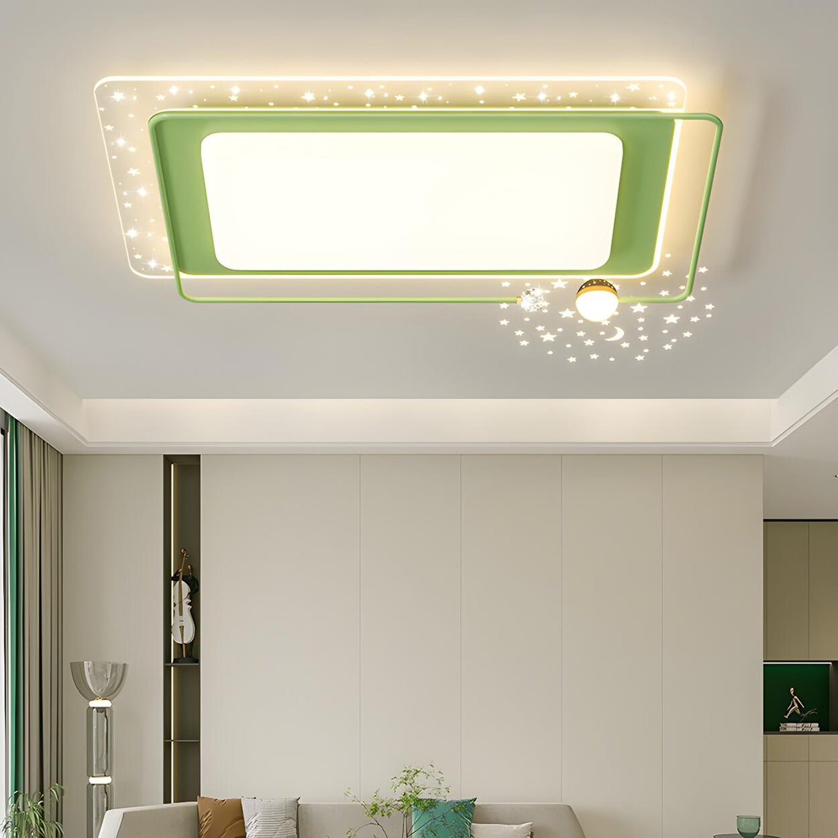 Bedroom Green Rectangular Flush Mount Ceiling Light Image - 4