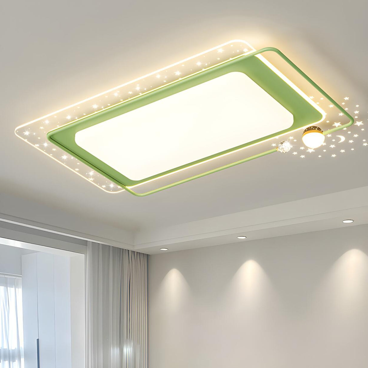 Bedroom Green Rectangular Flush Mount Ceiling Light Image - 5