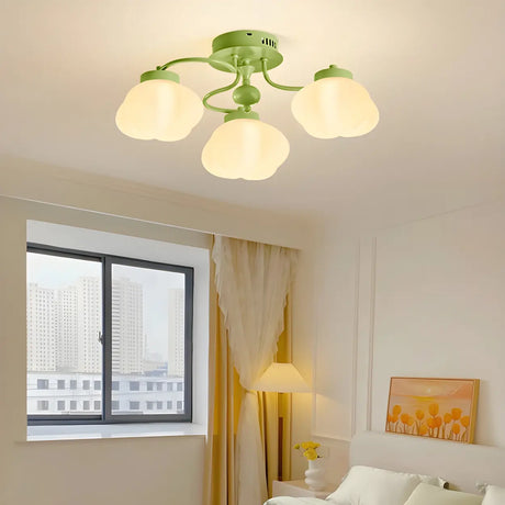 Bedroom Green Resin Flower Semi-Flush Mount Lamp 3-Head Image - 1