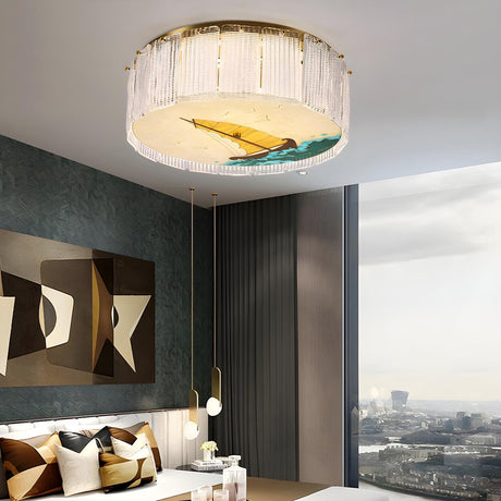 Bedroom Hand-Painted Drum Crystal LED Flush Mount Light Image - 1