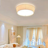 Bedroom Ivory Fabric Drum Flush Mount Ceiling Light Image - 1