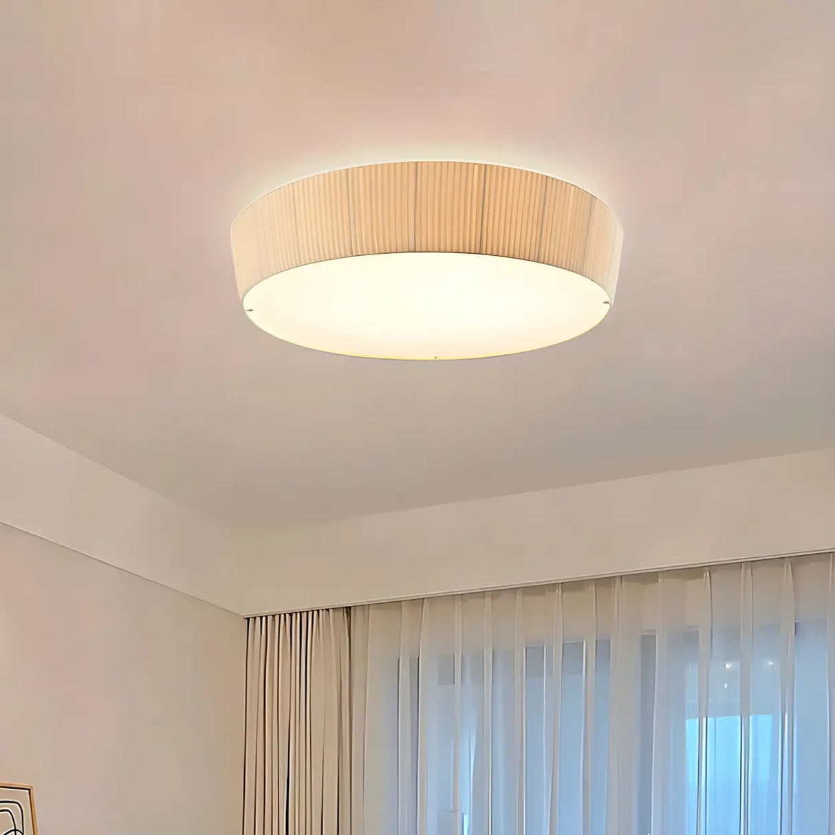 Bedroom Ivory Fabric Drum Flush Mount Ceiling Light Image - 10