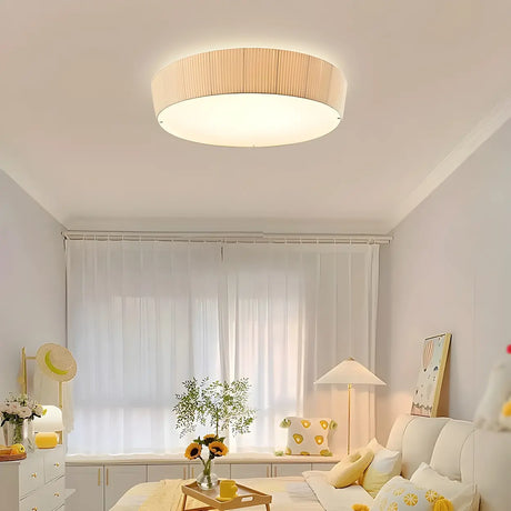 Bedroom Ivory Fabric Drum Flush Mount Ceiling Light Image - 2