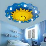 Bedroom Large Cartoon Sun Wooden Flush Mount Light Image - 2