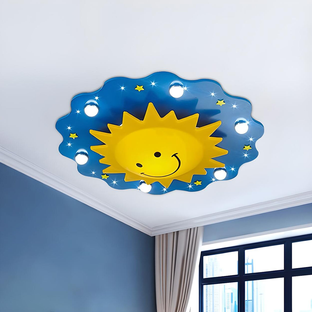 Bedroom Large Cartoon Sun Wooden Flush Mount Light Image - 3