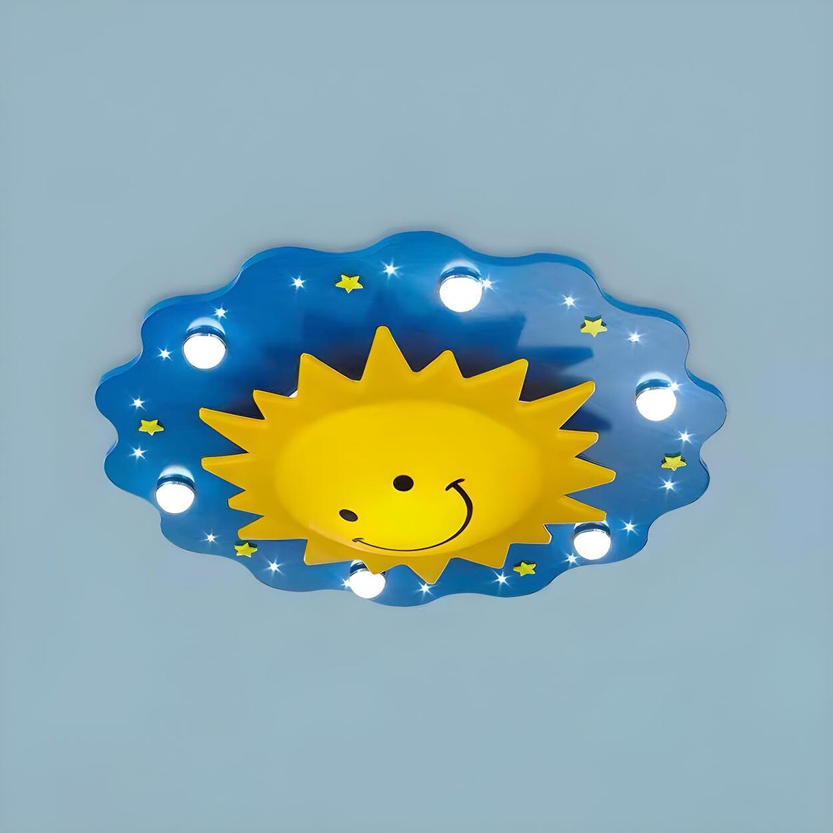 Bedroom Large Cartoon Sun Wooden Flush Mount Light Image - 5