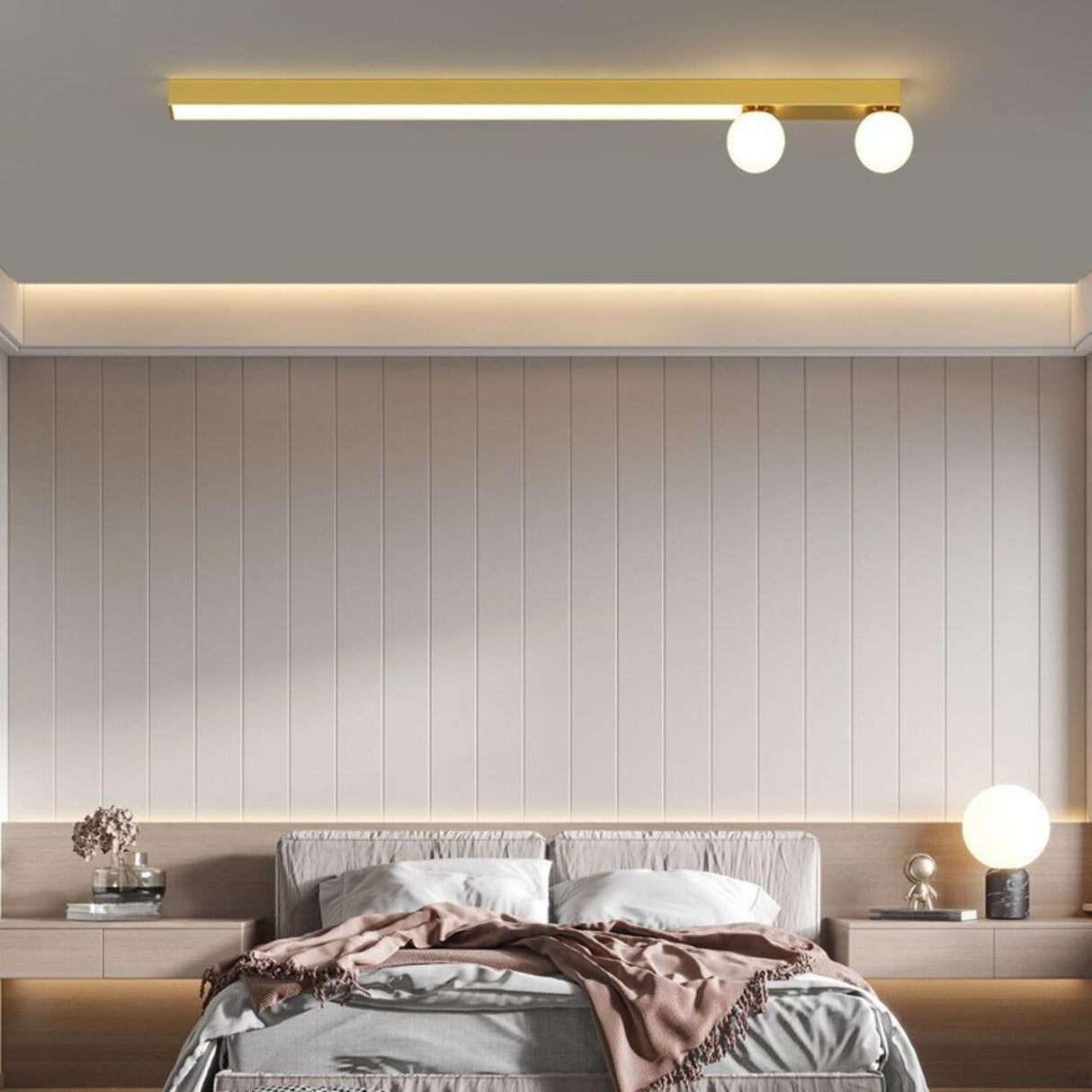 Bedroom Linear Strip Gold Flush Mount Ceiling Light Image - 1