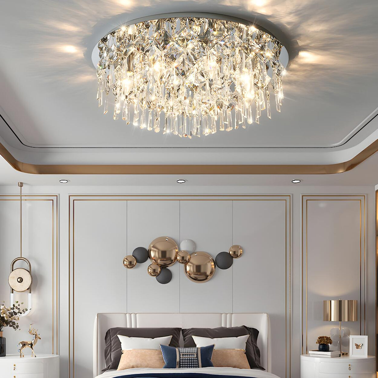 Bedroom Luxury Silver Crystal Flush Mount Ceiling Light Image - 5