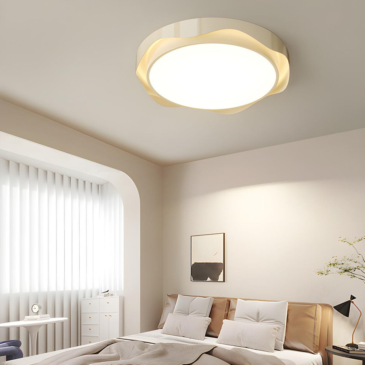 Bedroom Milk Cocoa Resin Round Wave Flush Mount Light Image - 12