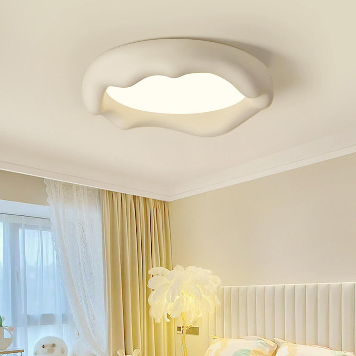 Bedroom Milk Coffee Wave Round Flush-Mount Ceiling Lamp Image - 1