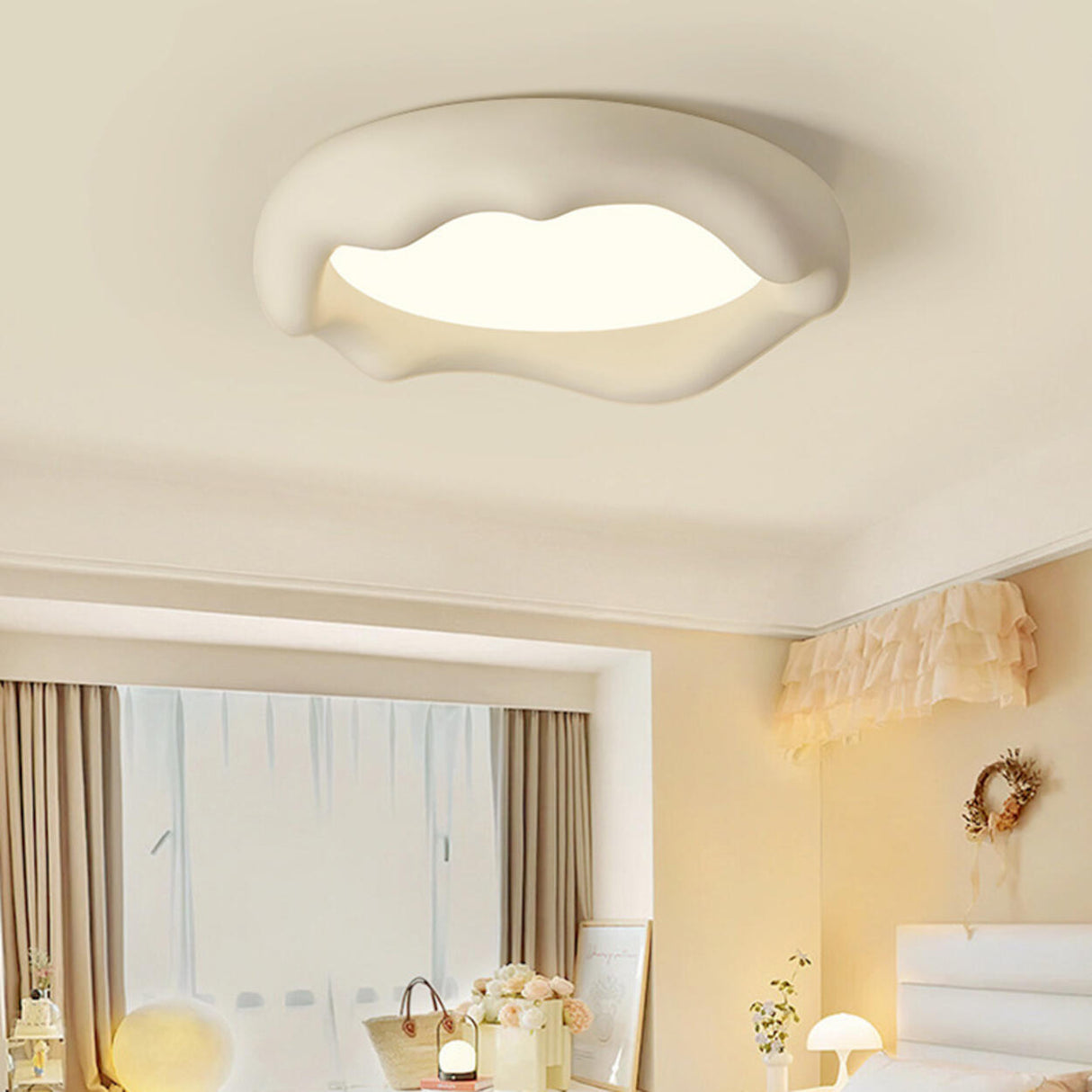 Bedroom Milk Coffee Wave Round Flush-Mount Ceiling Lamp Image - 6