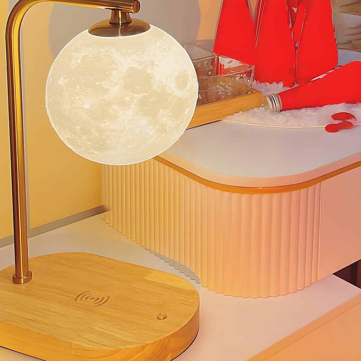 Bedroom Minimalist Moon Shade Wooden Base Table Lamp Image - 2