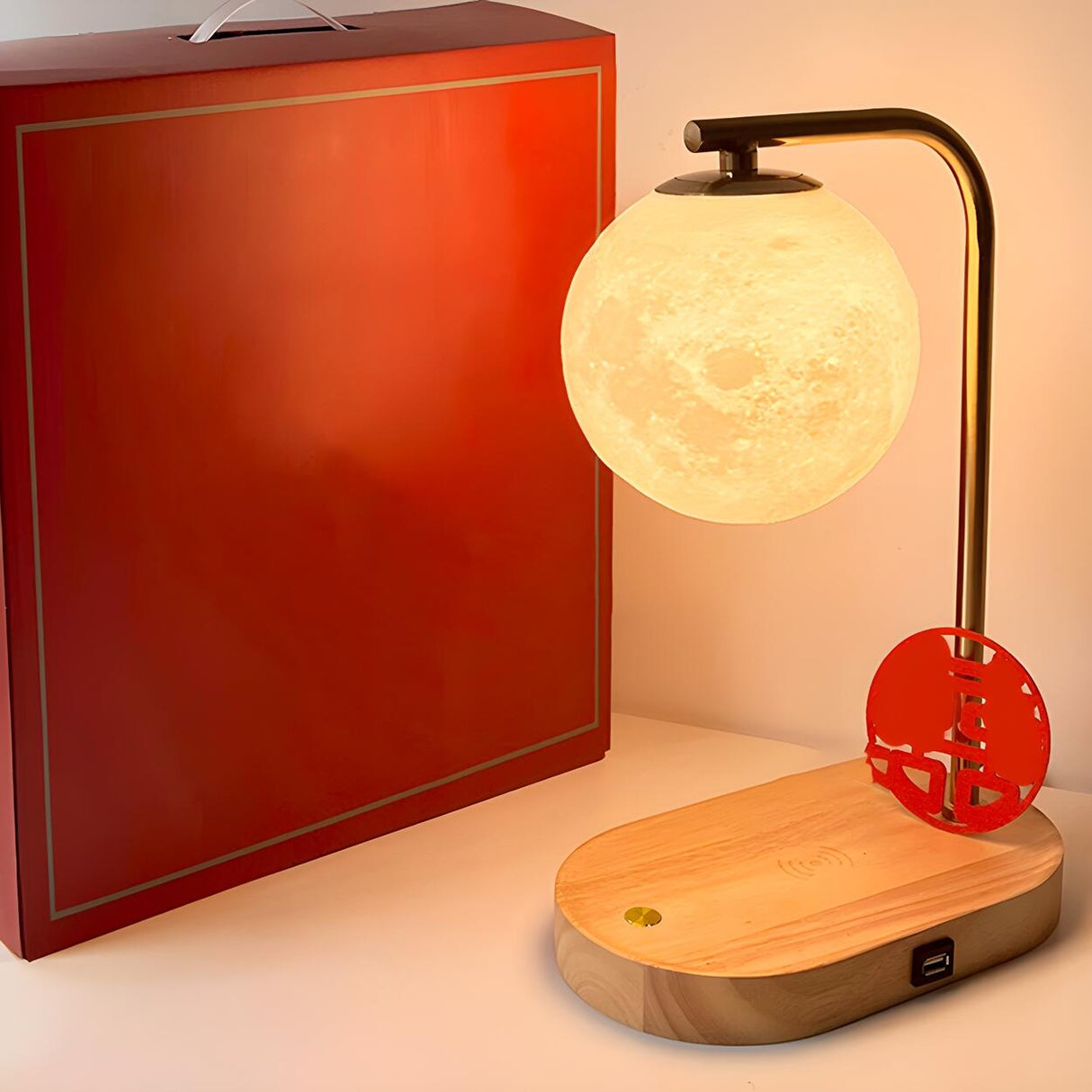 Bedroom Minimalist Moon Shade Wooden Base Table Lamp Image - 3