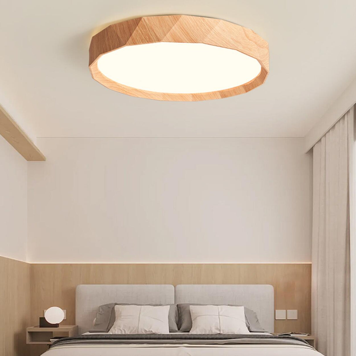 Bedroom Minimalist Round Wood LED Flush Mount Light Image - 1