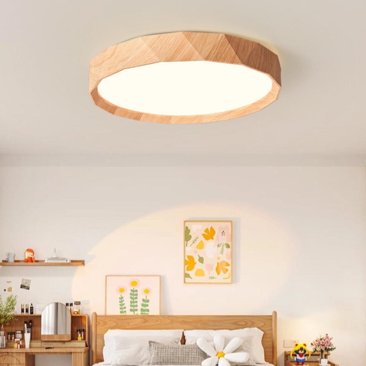 Bedroom Minimalist Round Wood LED Flush Mount Light Image - 13