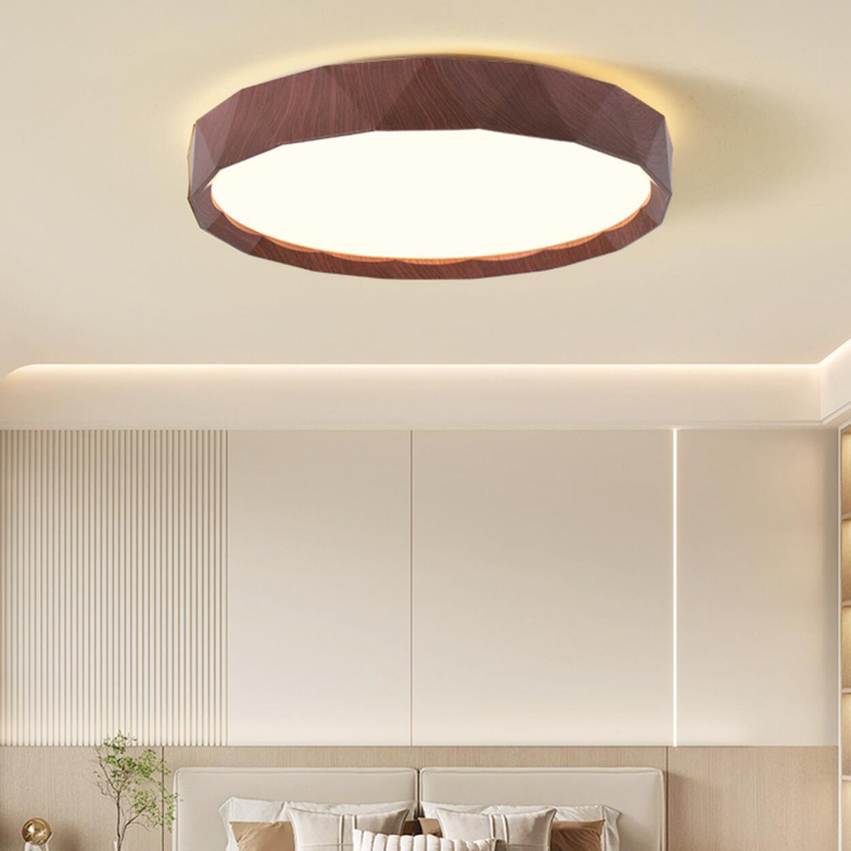 Bedroom Minimalist Round Wood LED Flush Mount Light Image - 4