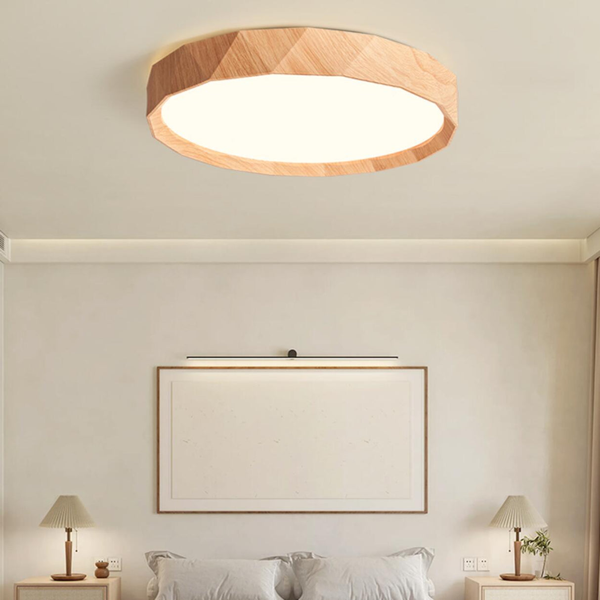 Bedroom Minimalist Round Wood LED Flush Mount Light Image - 6