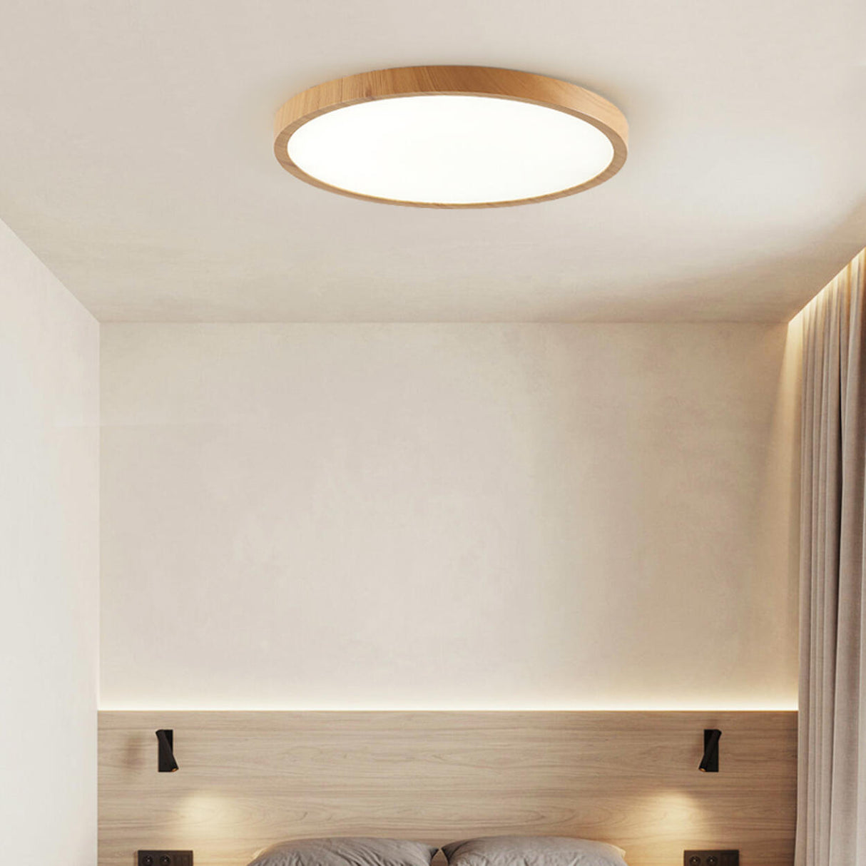 Bedroom Minimalist Round Wooden LED Flush Mount Light Image - 4