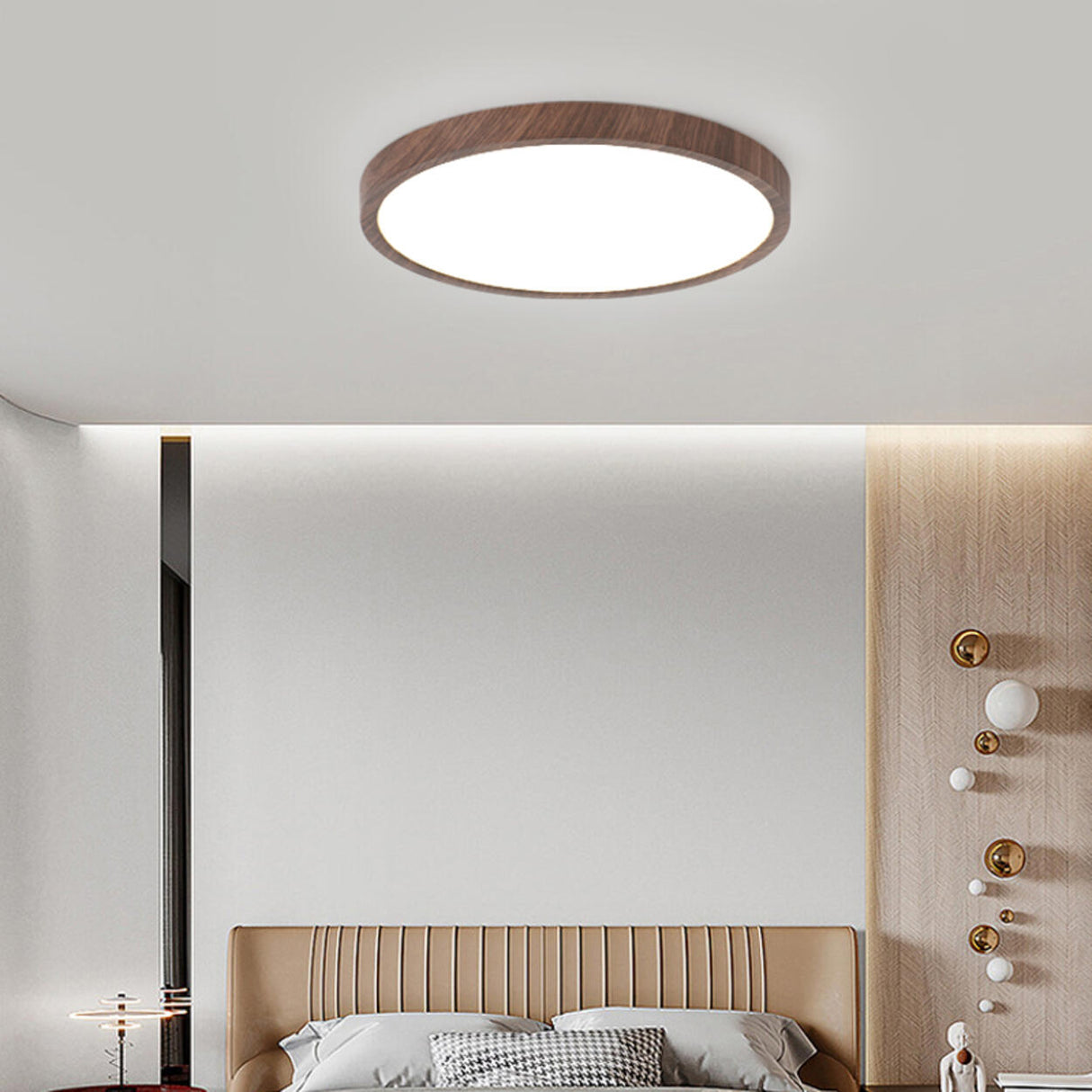 Bedroom Minimalist Round Wooden LED Flush Mount Light Image - 8