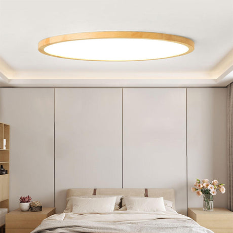 Bedroom Minimalist Slim Round Wood Flush Mount Light Image - 1