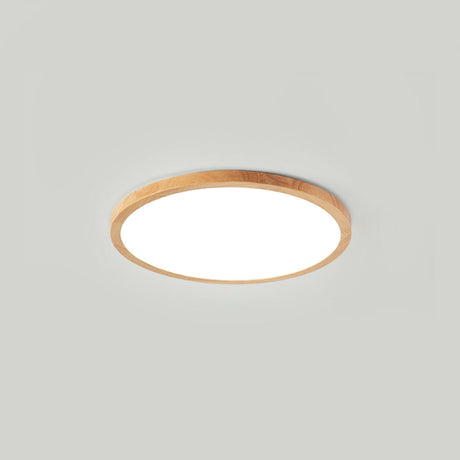 Bedroom Minimalist Slim Round Wood Flush Mount Light Image - 2