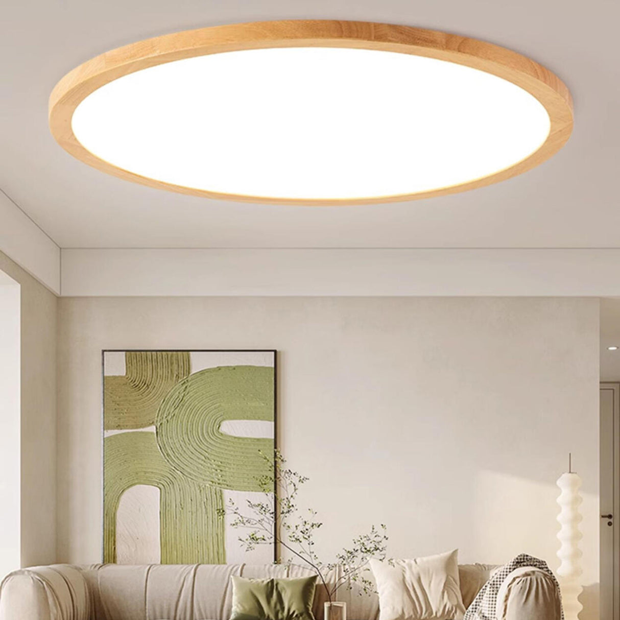 Bedroom Minimalist Slim Round Wood Flush Mount Light Image - 25