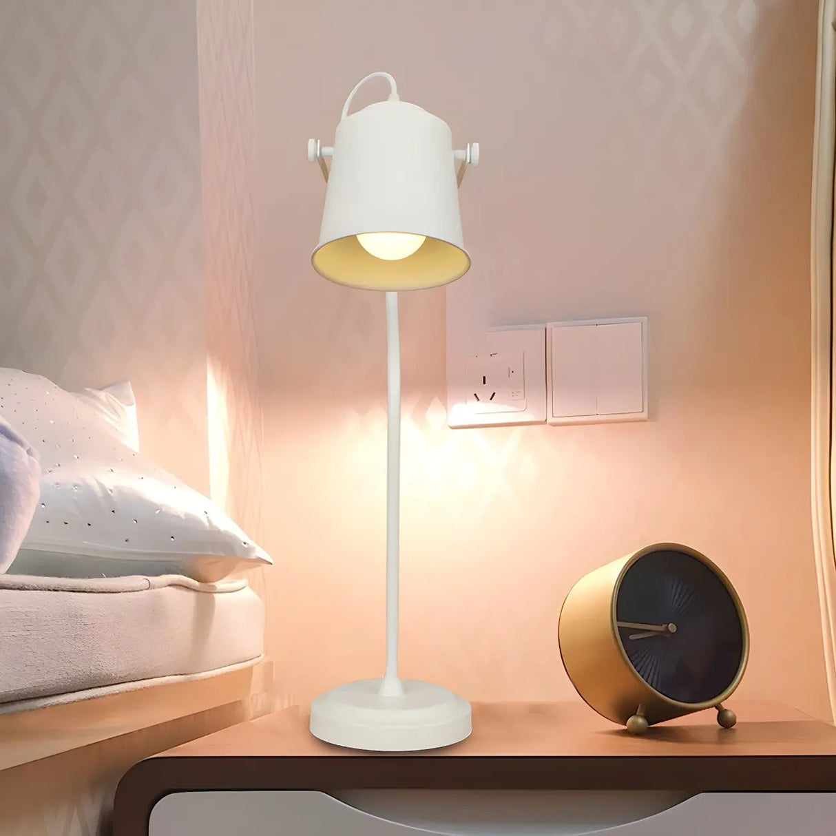 Bedroom Minimalist White Barrel Shade Metal Desk Lamp Image - 1